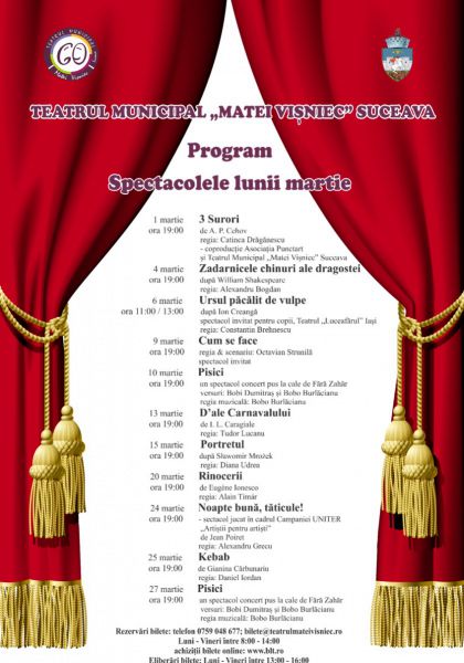 Programul spectacolelor lunii martie la Teatrul Municipal „Matei Vișniec” Suceava