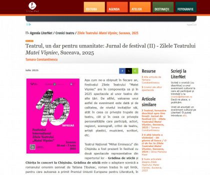 Teatrul, un dar pentru umanitate: Jurnal de festival (II) - Zilele Teatrului Matei Vișniec, Suceava, 2025 (Tamara Constantinescu)