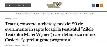 Teatru, concerte, ateliere și poezie: 20 de evenimente în șapte locații la Festivalul ”Zilele Teatrului Matei Vișniec”, care debutează mîine. Casieria își prelungește programul - Radio TOP