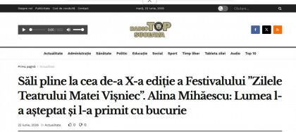 Săli pline la cea de-a X-a ediție a Festivalului ”Zilele Teatrului Matei Vișniec”. Alina Mihăescu: Lumea l-a așteptat și l-a primit cu bucurie