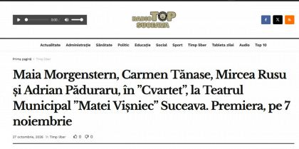 Maia Morgenstern, Carmen Tănase, Mircea Rusu și Adrian Păduraru, în ”Cvartet”, la Teatrul Municipal ”Matei Vișniec” Suceava. Premiera, pe 7 noiembrie