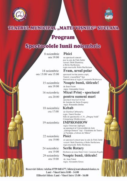 Programul spectacolelor lunii noiembrie 2018 la Teatrul Municipal „Matei Vișniec” Suceava