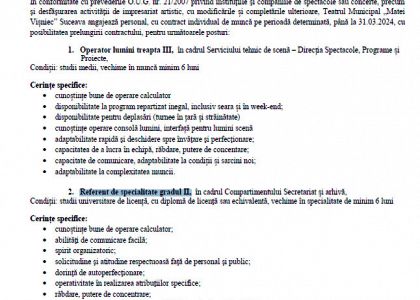 Anunt angajare operator lumini treapta III si referent de specialitate gradul II