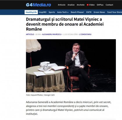 Dramaturgul și scriitorul Matei Vișniec a devenit membru de onoare al Academiei Române - G4MEDIA
