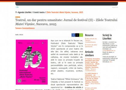 Teatrul, un dar pentru umanitate: Jurnal de festival (II) - Zilele Teatrului Matei Vișniec, Suceava, 2025 (Tamara Constantinescu)