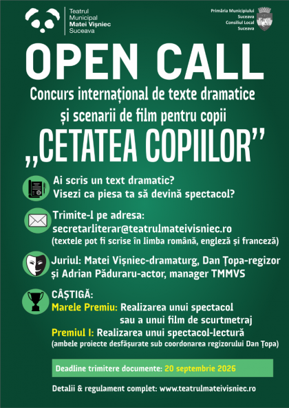 OPEN CALL - Teatrul Municipal „Matei Vișniec” organizează Concursul internațional de texte dramatice și scenarii de film pentru copii, „Cetatea copiilor”