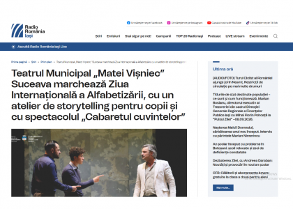 Teatrul Municipal „Matei Vișniec” Suceava marchează Ziua Internațională a Alfabetizării, cu un atelier de storytelling pentru copii și cu spectacolul „Cabaretul cuvintelor”