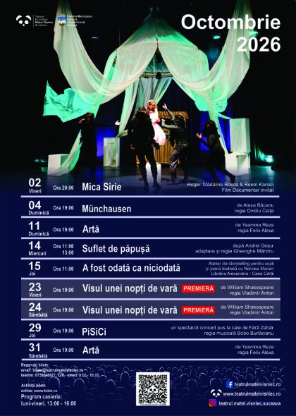 Programul lunii octombrie 2026 la Teatrul Municipal „Matei Vișniec” Suceava: Premieră Shakespeare, titluri de succes și evenimente pentru publicul tânăr